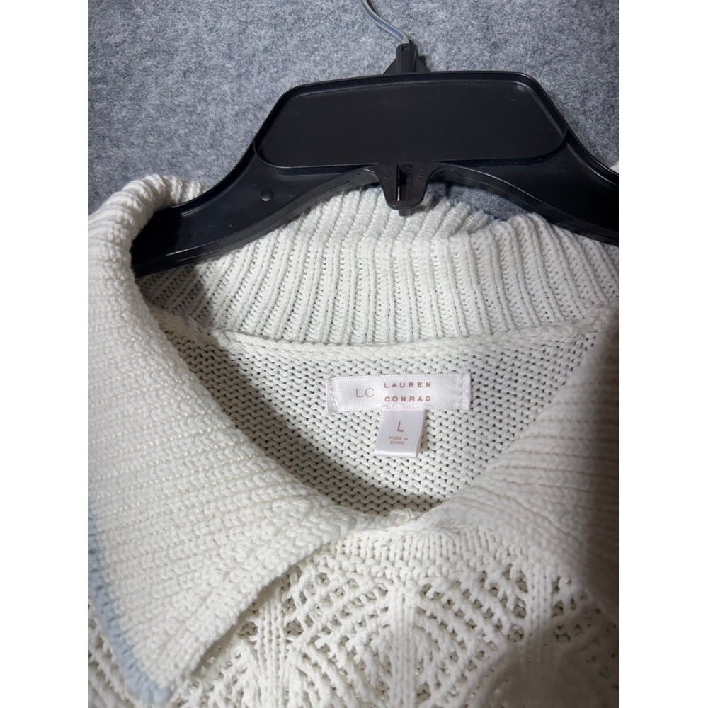 LC Lauren Conrad Ivory Pointelle Knit Polo Sweater Ruffle Cap Sleeve Women L - Picture 3 of 8
